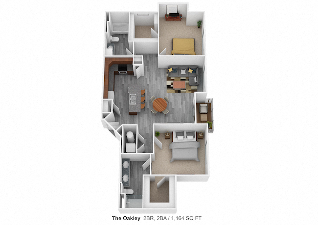 Floor plan for 2 beds, 2 baths, 1164 sqft